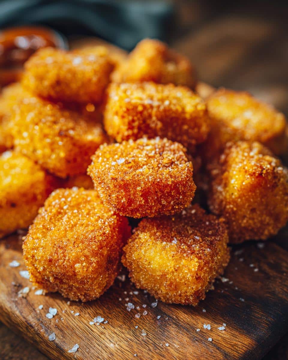 A pile of golden-brown Chickle (fried pickle) bites, seasoned with salt, on a wooden board.