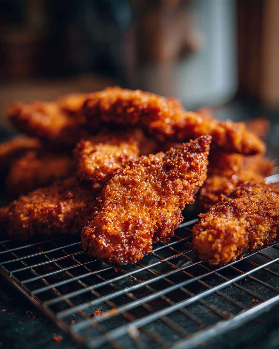 Close-up of golden-brown Chickle (fried pickle) strips on a wire rack, showcasing their crispy texture.