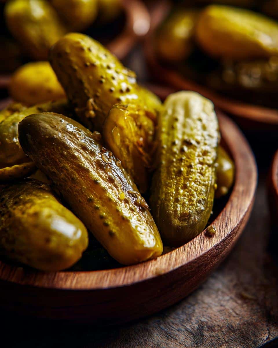 Close-up of Chickle (fried pickles) in a wooden bowl, showcasing their golden-brown color and textured surface.