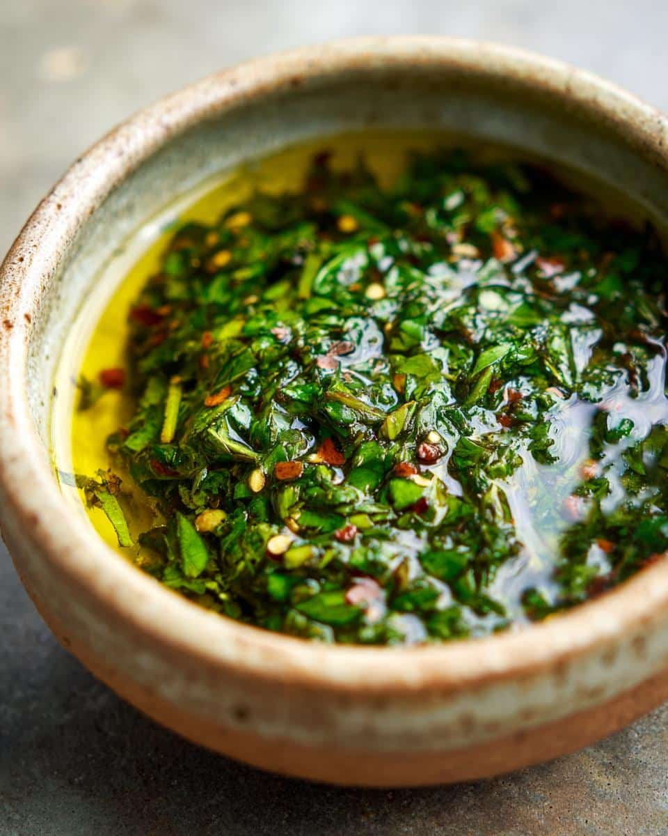 Close-up of vibrant green Chimichurri Sauce in a rustic bowl, showcasing herbs, oil, and red pepper flakes.