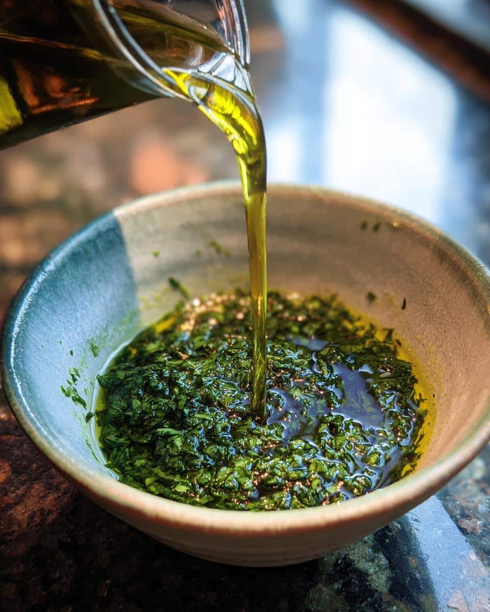 Olive oil being poured into a bowl of freshly made Chimichurri Sauce.