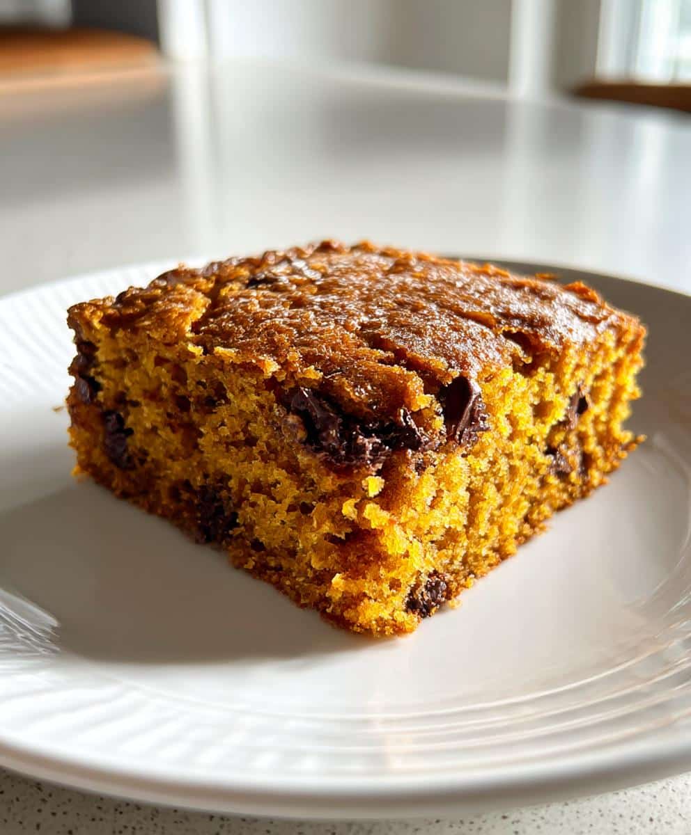 A square slice of chocolate chip cake, a delicious new years eve dessert, sits on a white plate.