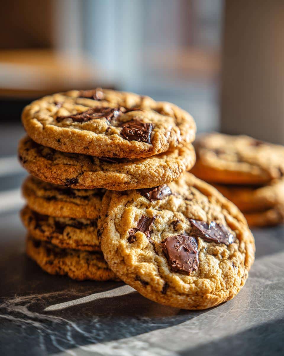 A stack of freshly baked chocolate chip cookies on a grey surface, ready to eat.