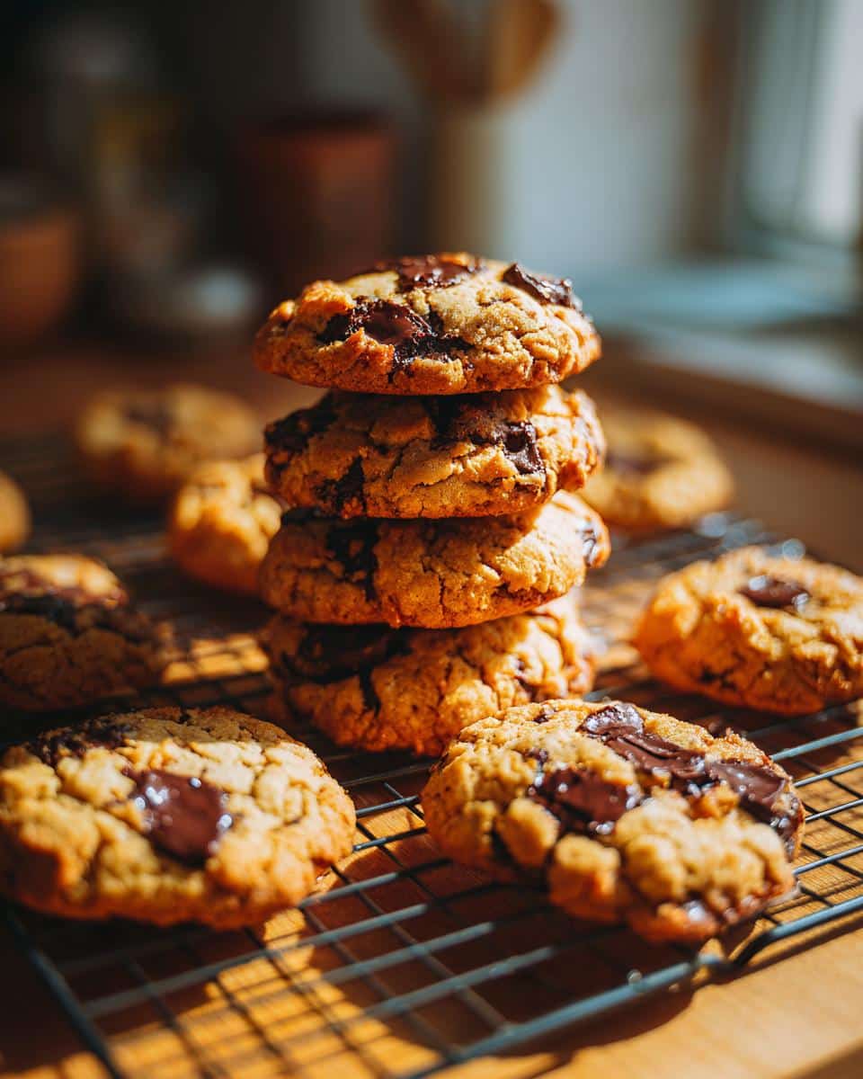 A stack of freshly baked chocolate chip cookies on a wire rack, with more cookies surrounding the stack.