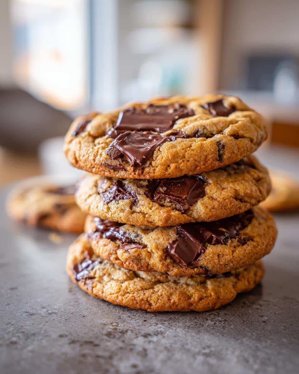 A stack of freshly baked chocolate chip cookies with large chocolate chunks on a gray surface.