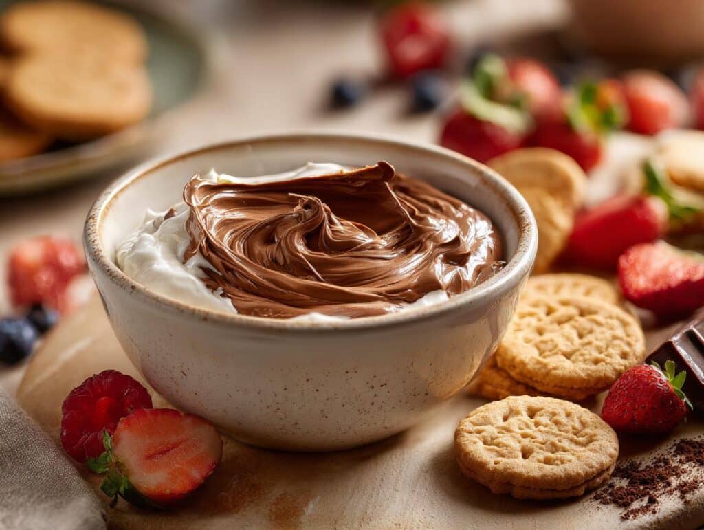 Bowl of chocolate sweet dip for parties, surrounded by strawberries, raspberries, cookies, and blueberries.