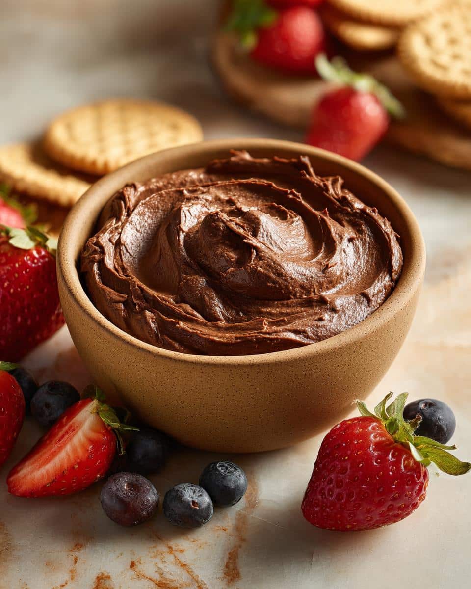 A bowl of chocolate sweet dip for parties surrounded by strawberries, blueberries and cookies.