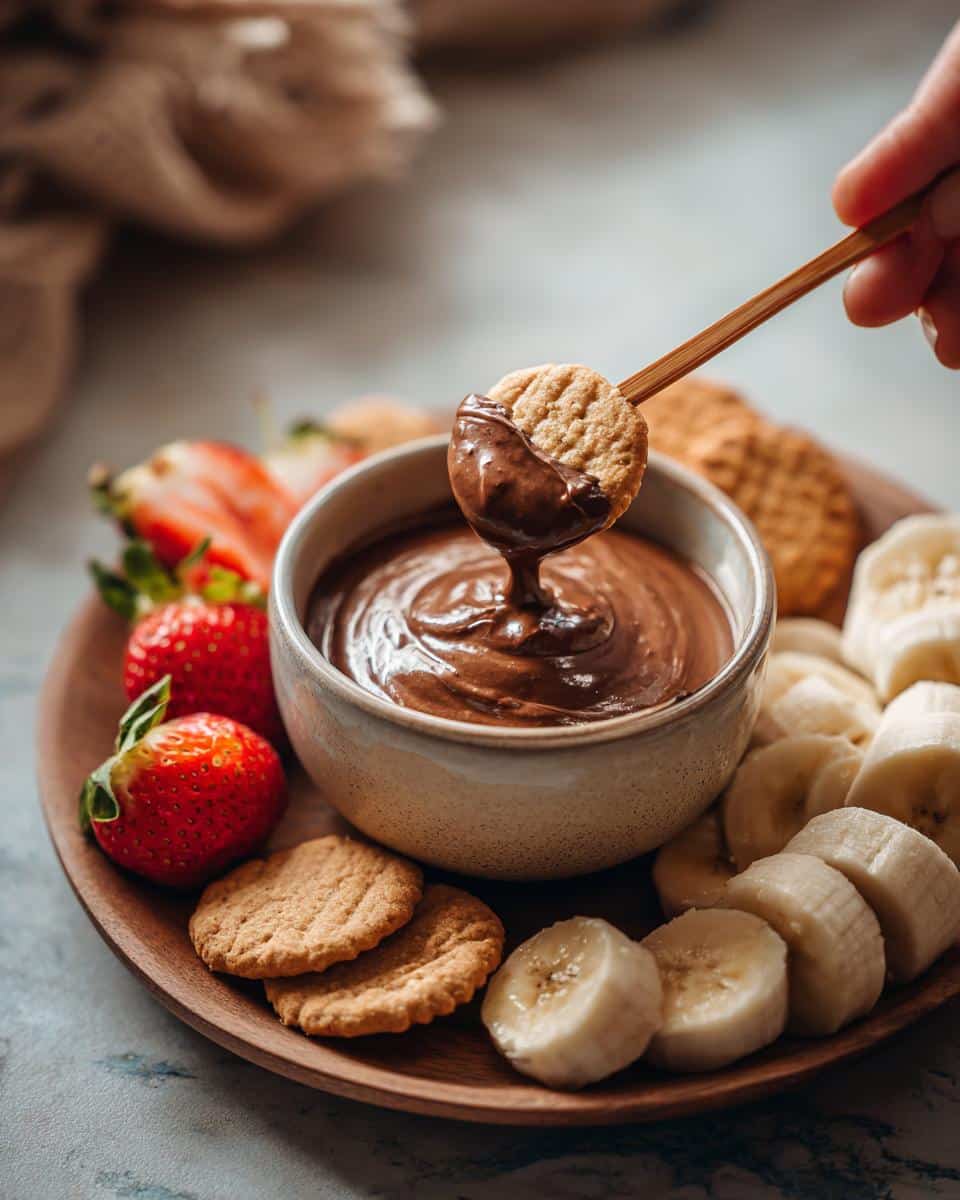Chocolate sweet dips for parties. A cookie being dipped in chocolate, surrounded by strawberries and bananas.