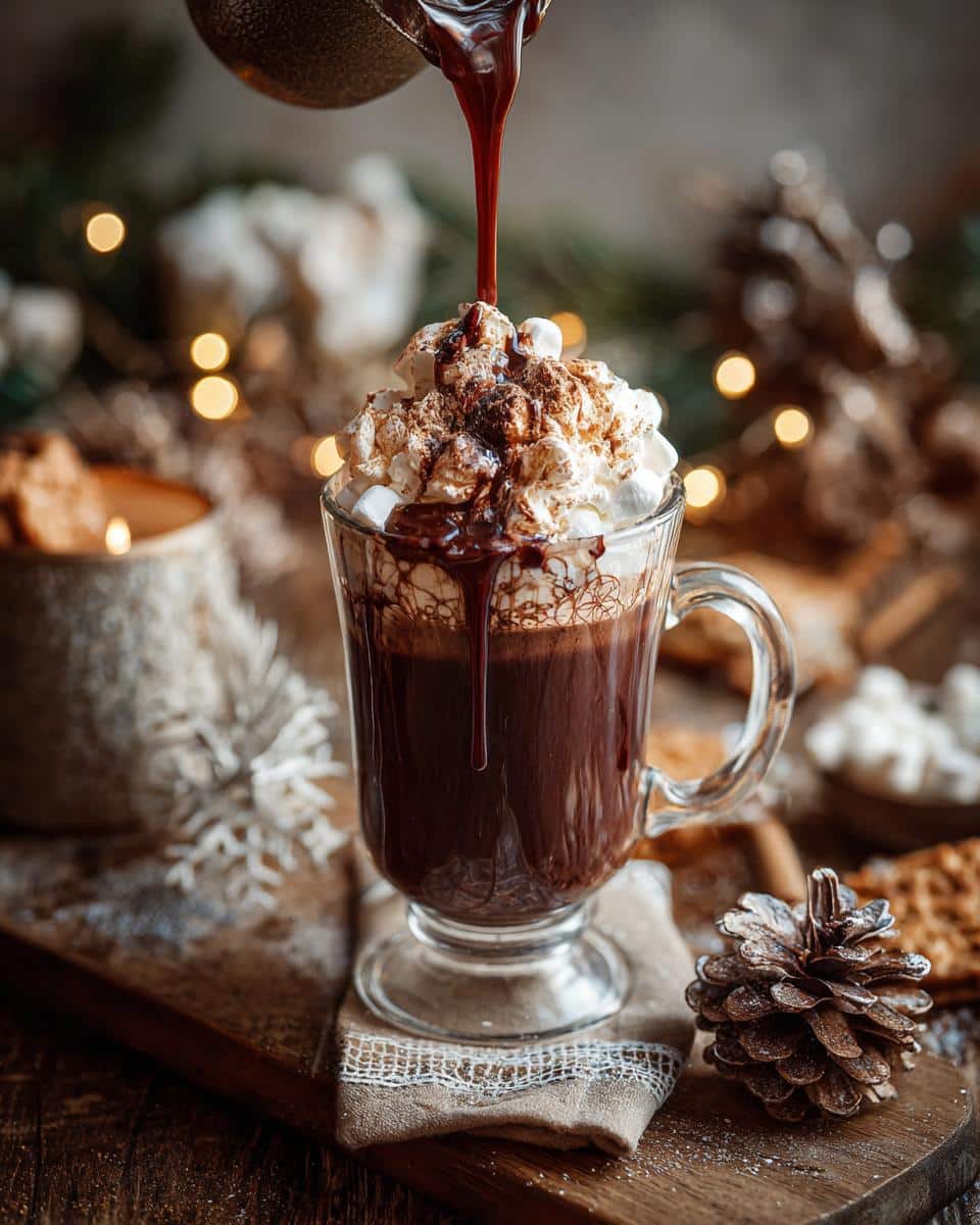 Pouring chocolate into a mug of hot cocoa with marshmallows for a hot cocoa bar christmas.
