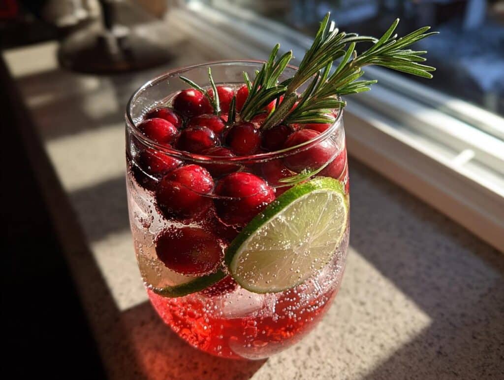 A refreshing Christmas mocktails non alcoholic drink with cranberries, lime, and rosemary sprig.