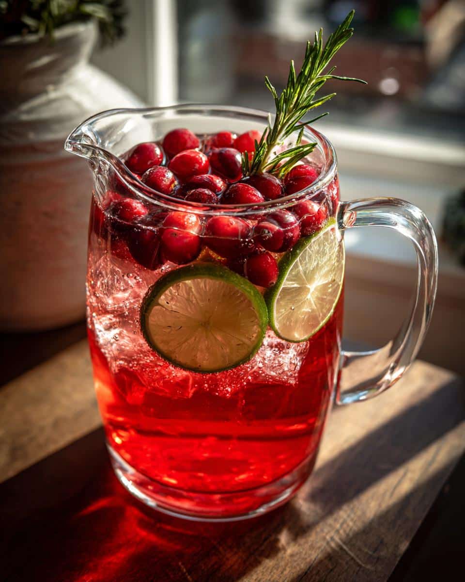 Pitcher of Christmas mocktails non alcoholic with cranberries, lime, and rosemary garnish.