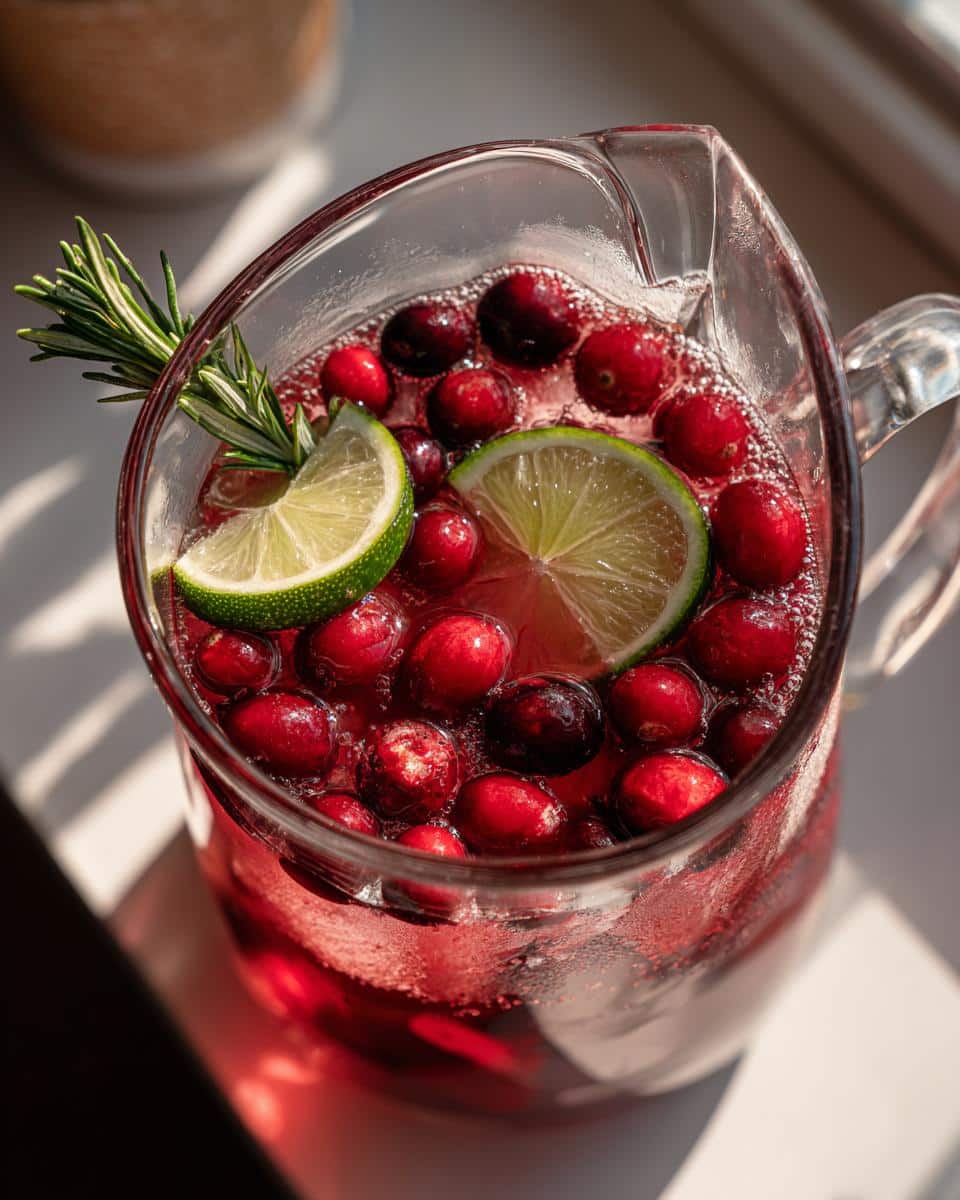 Pitcher of Christmas mocktails non alcoholic with cranberries, lime slices, and rosemary garnish.