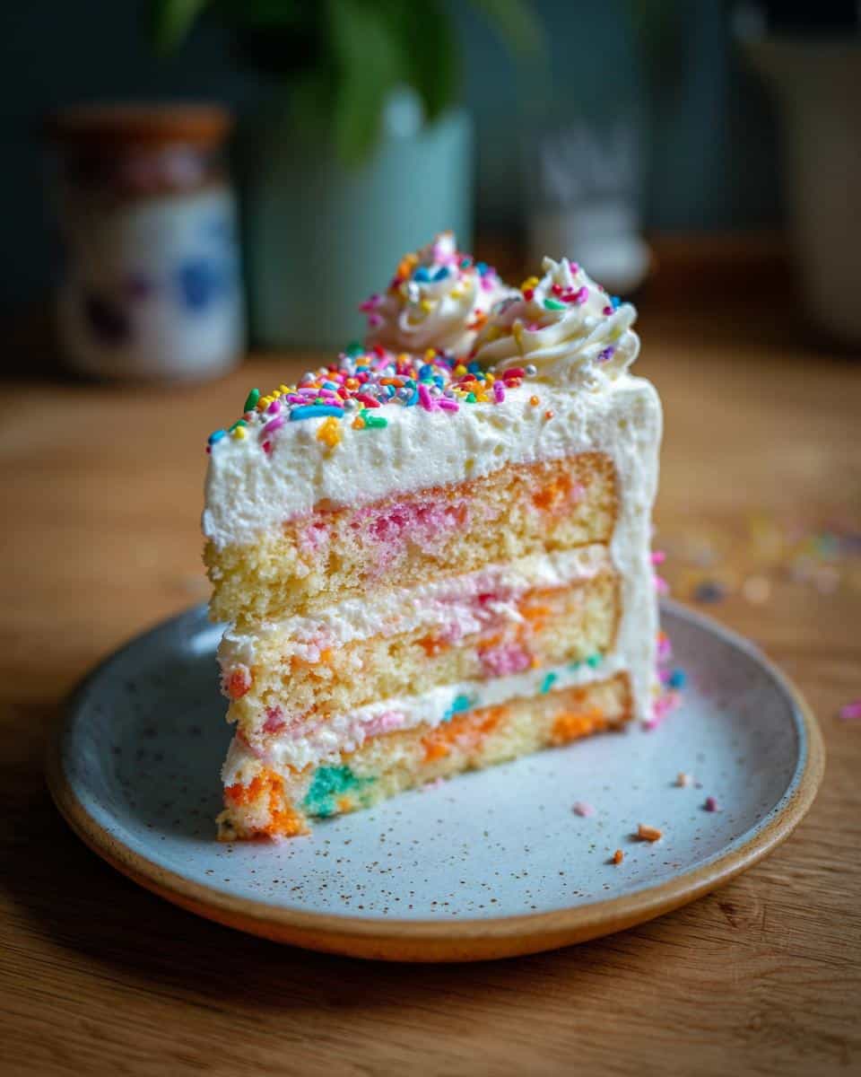 A slice of colorful layer birthday cake with white frosting and sprinkles on a plate.