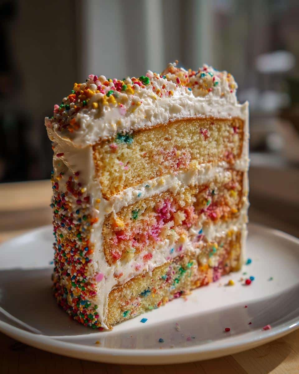 A vibrant slice of birthday cake with white frosting and colorful sprinkles, showcasing the cake's layers.