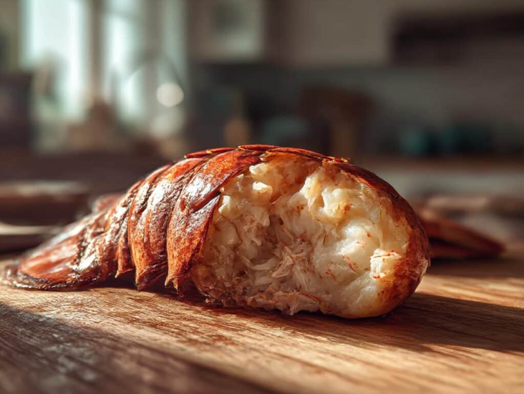 Close-up of a cooked lobster tail recipe on a wooden board, showcasing the tender, flaky meat.