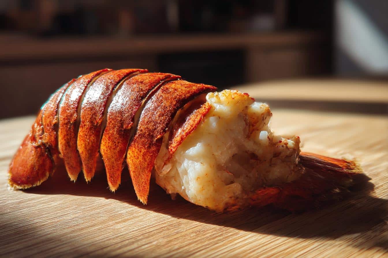 Close-up of a cooked lobster tail recipe, showcasing the succulent meat and shell.