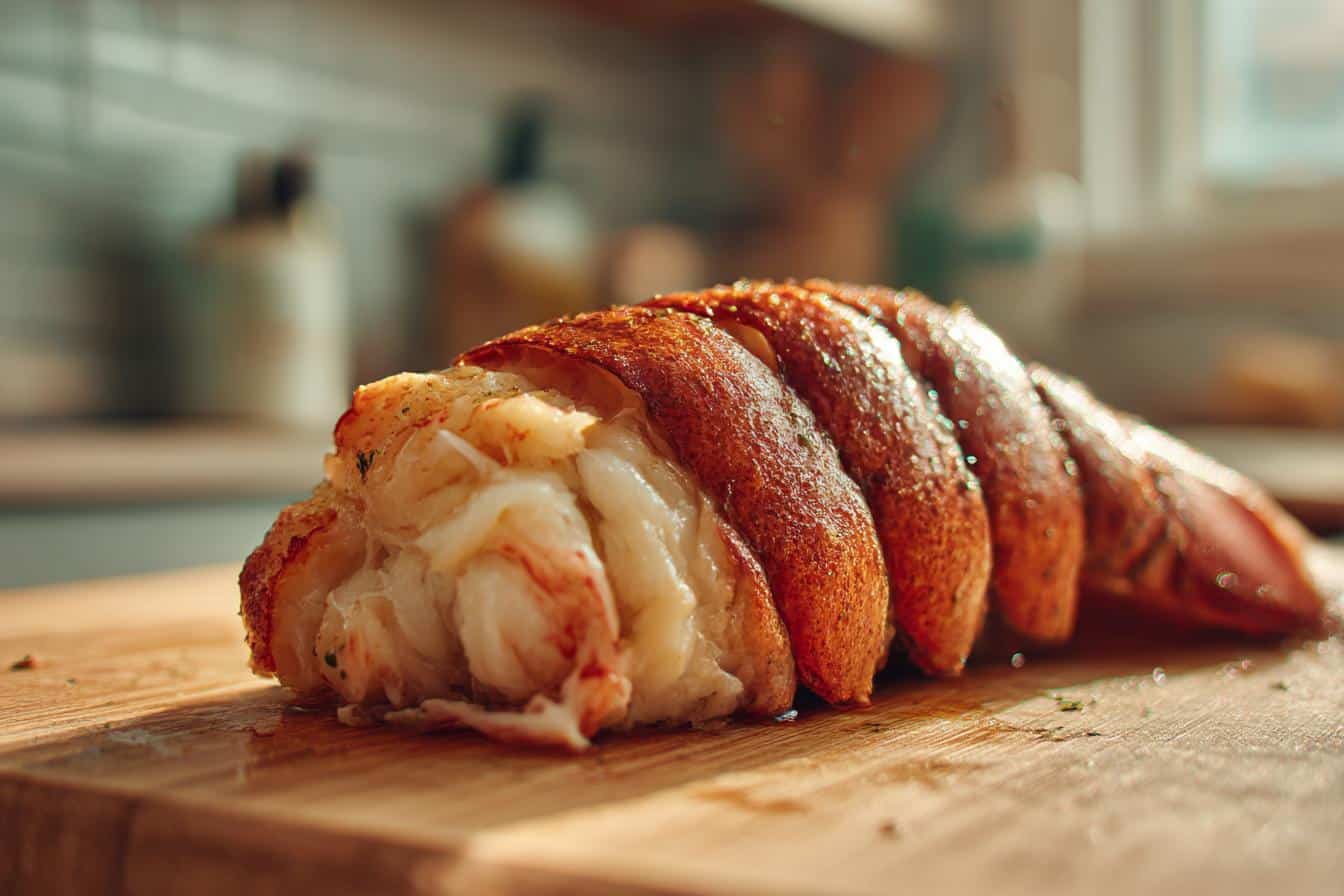 Close-up of a cooked lobster tail recipe on a wooden cutting board, showcasing the juicy meat and browned shell.