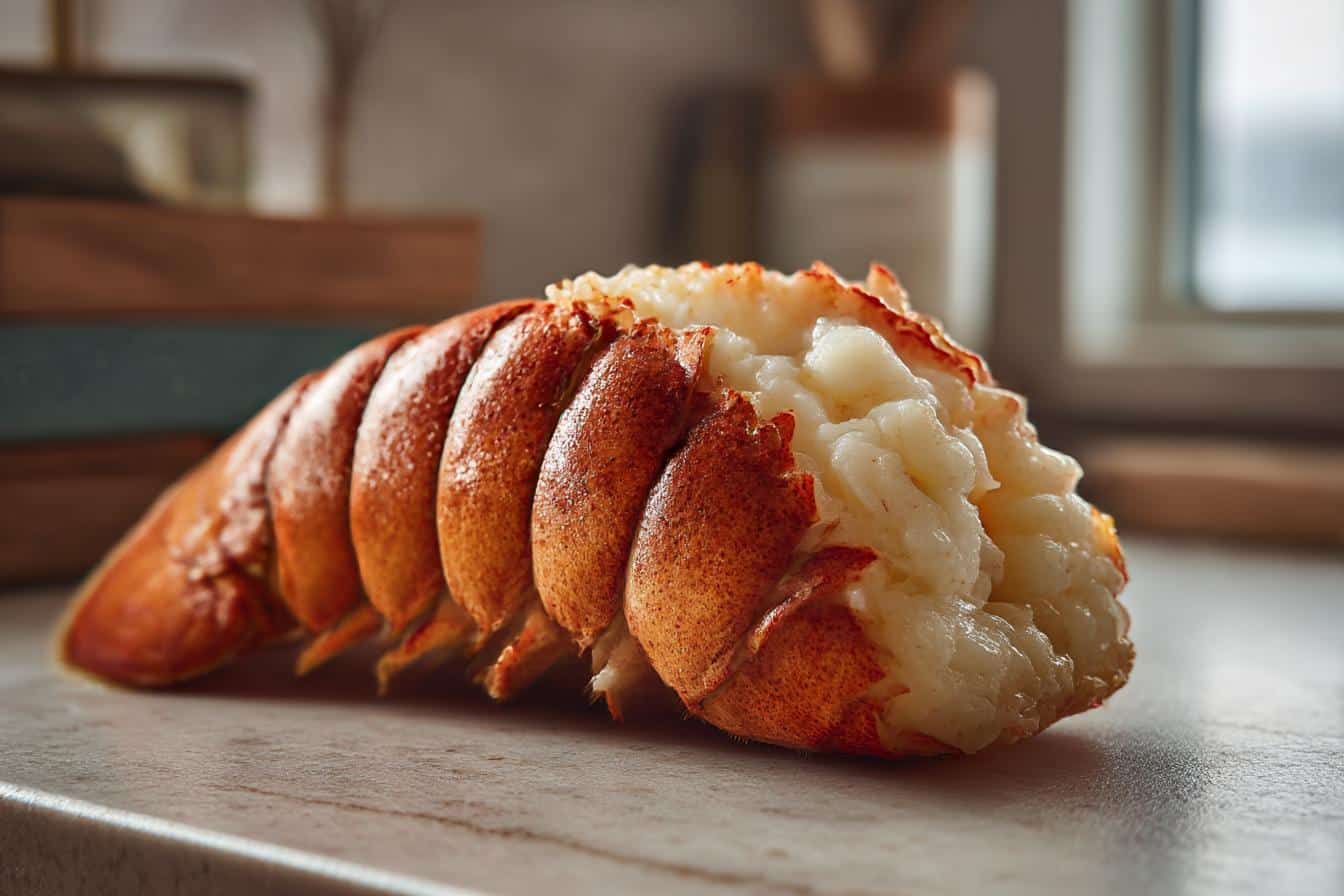 Detailed close-up of a cooked lobster tail, showcasing the succulent meat and shell texture. Lobster tail recipe.
