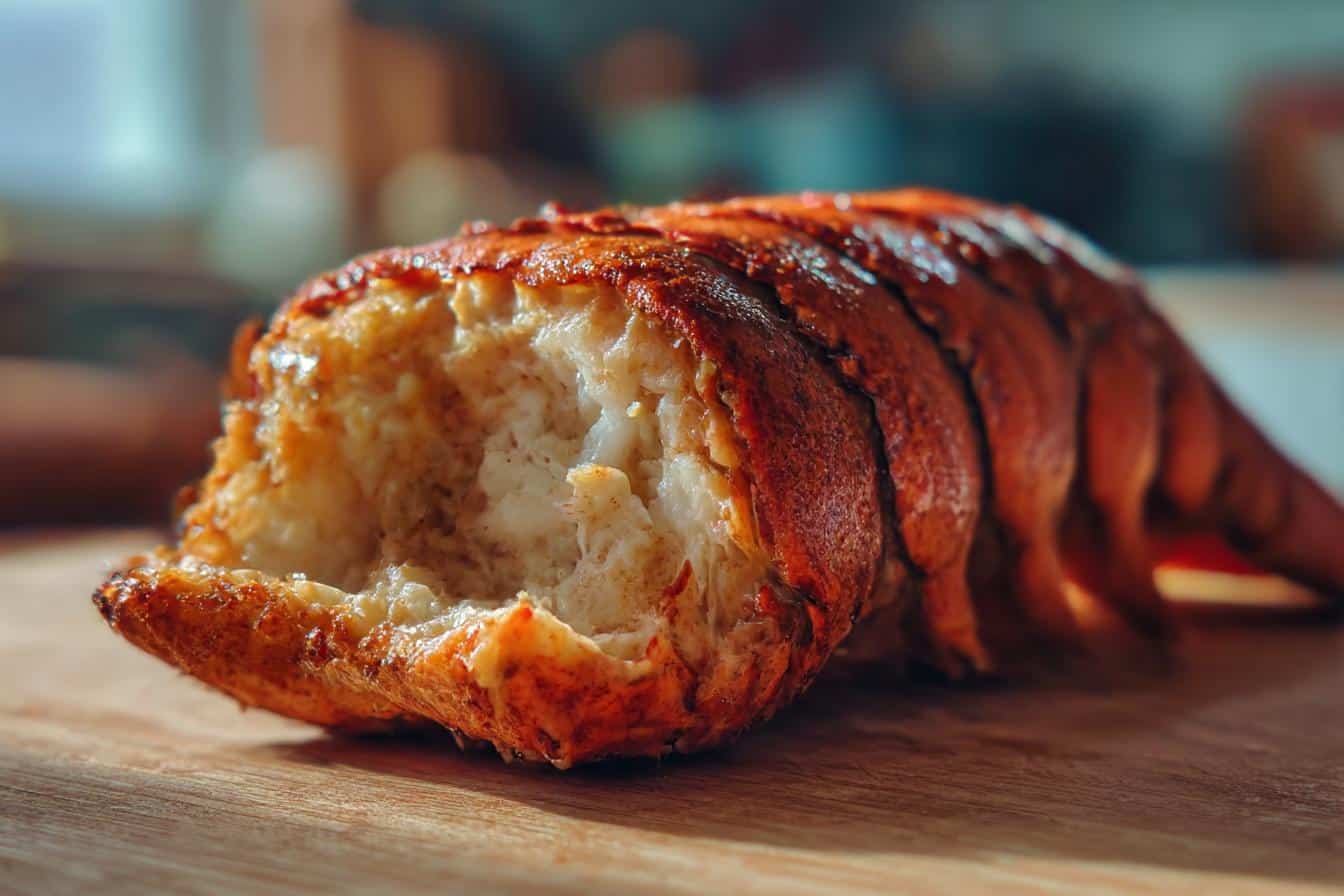 Close-up of a cooked lobster tail recipe, showing the tender meat and browned shell.