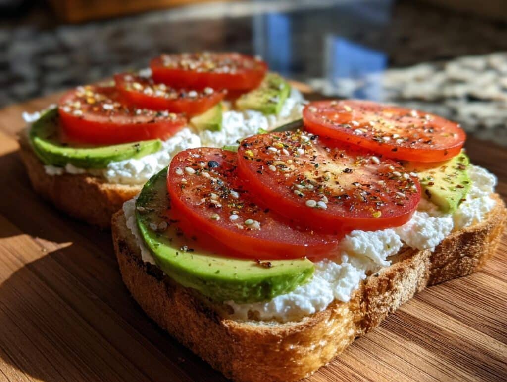 Two slices of cottage cheese toast topped with avocado and tomato, seasoned with spices.
