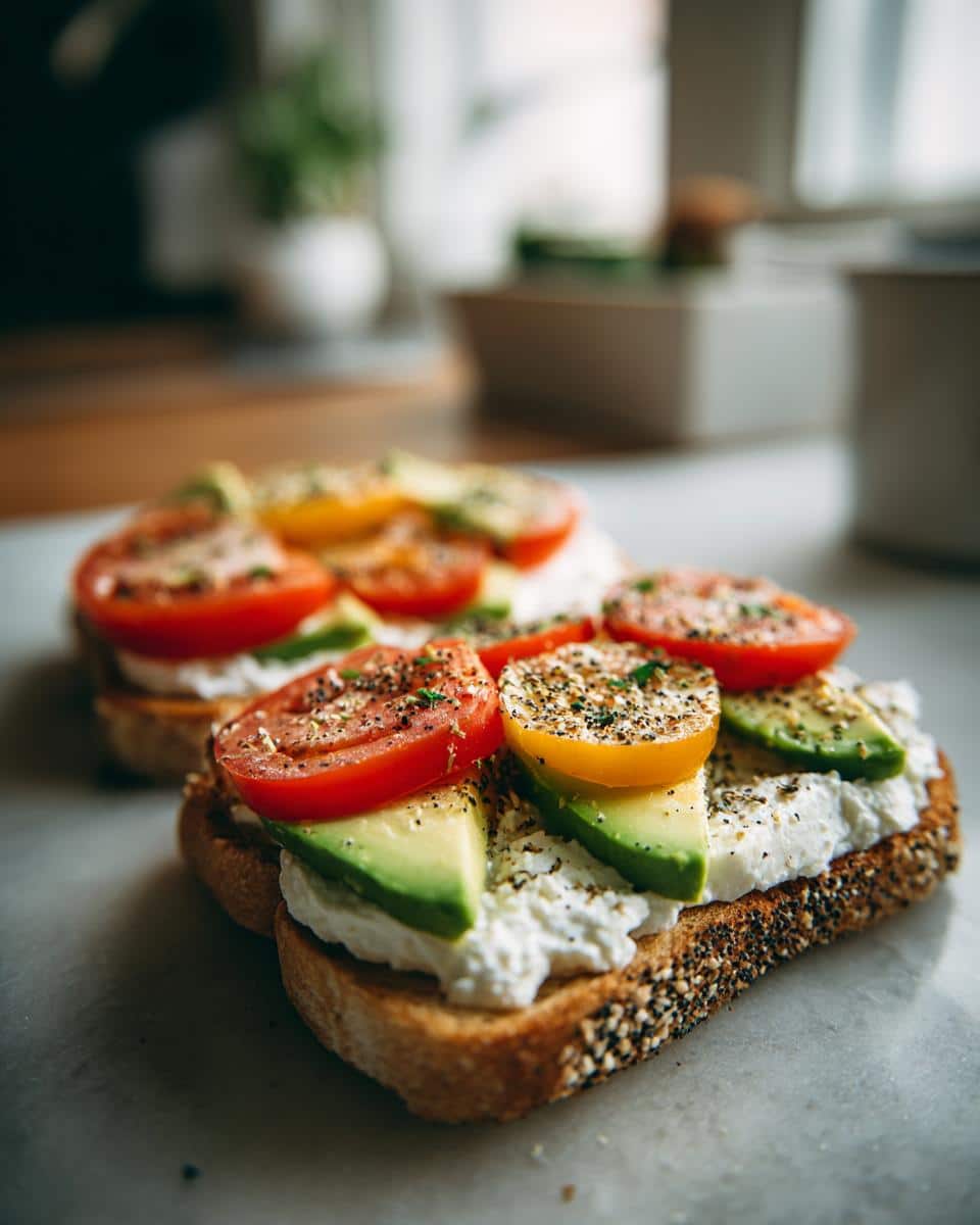 Two slices of cottage cheese toast topped with avocado and tomato slices, seasoned with herbs.