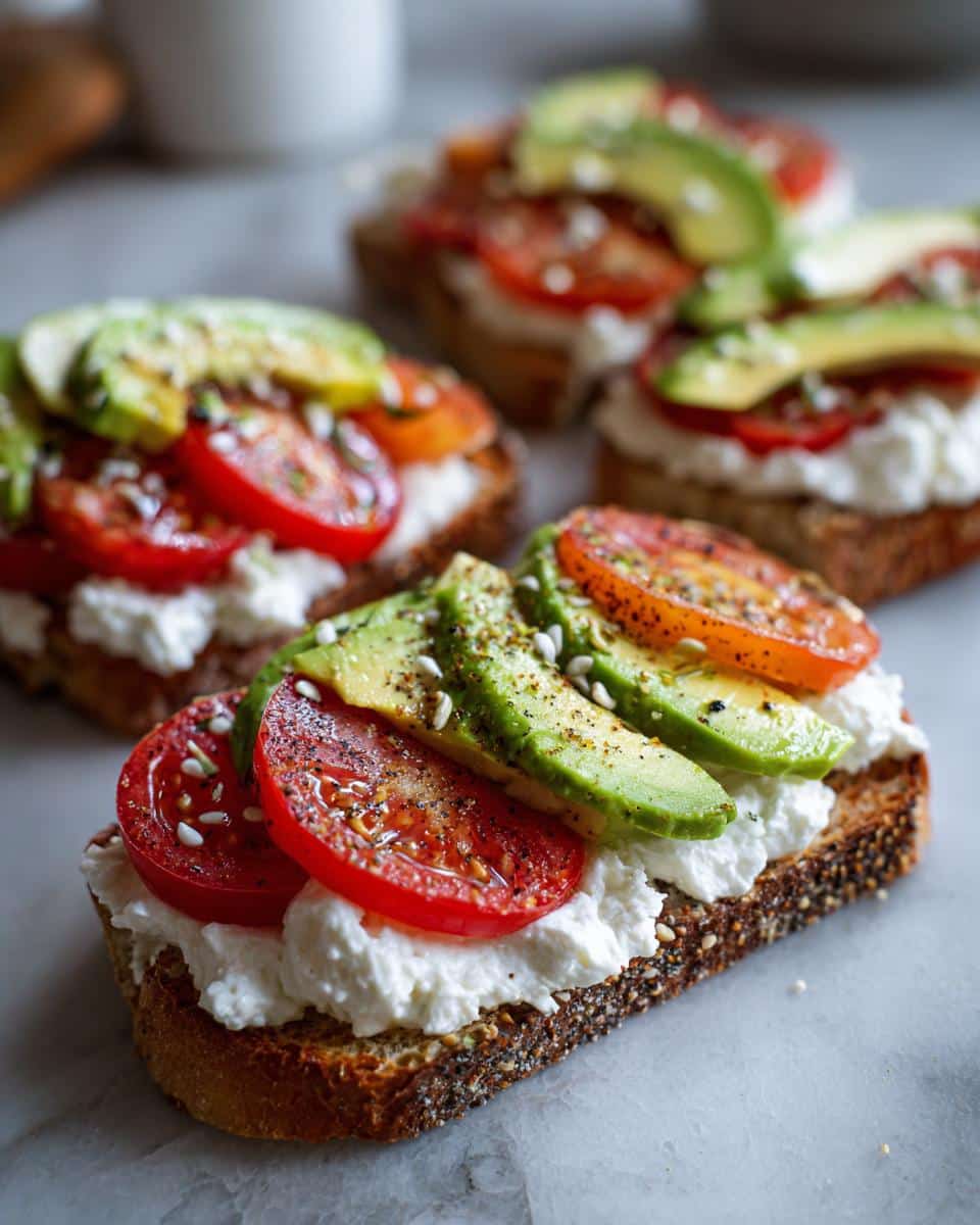 Several slices of cottage cheese toast topped with sliced avocado, tomato, and seasonings.