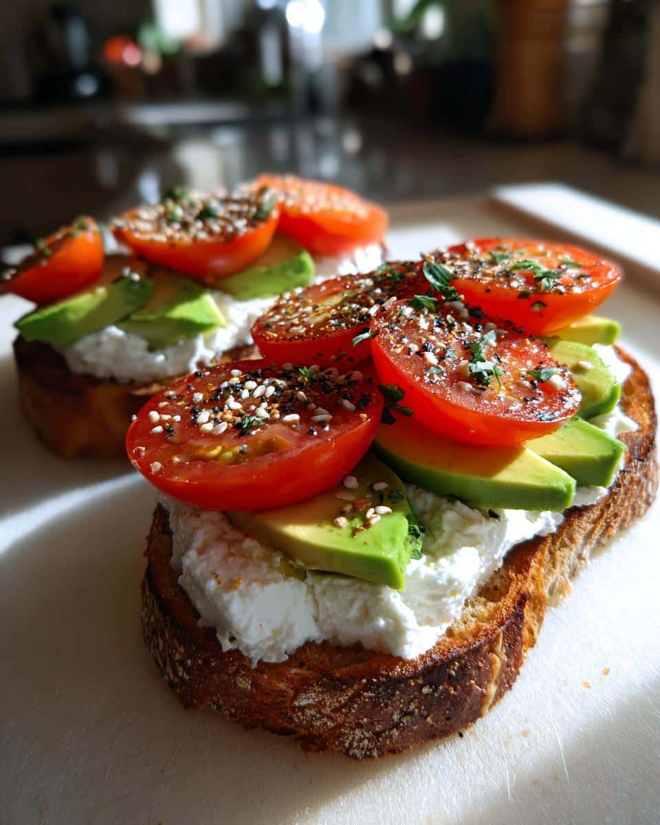 Two slices of Cottage Cheese Toast topped with avocado, tomato, and everything bagel seasoning.