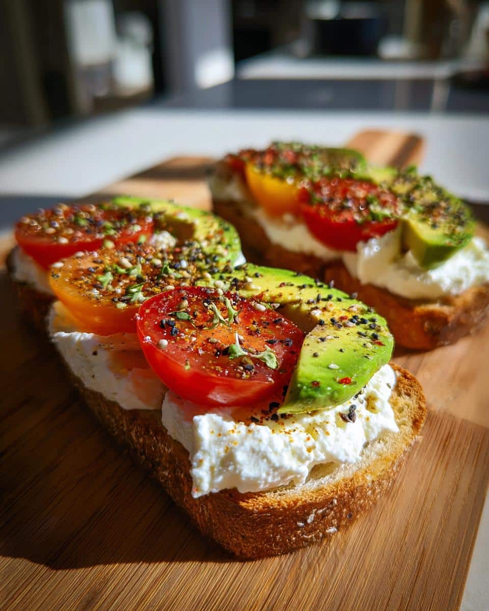 Two slices of Cottage Cheese Toast topped with avocado, tomatoes, and seasoning on a wooden board.