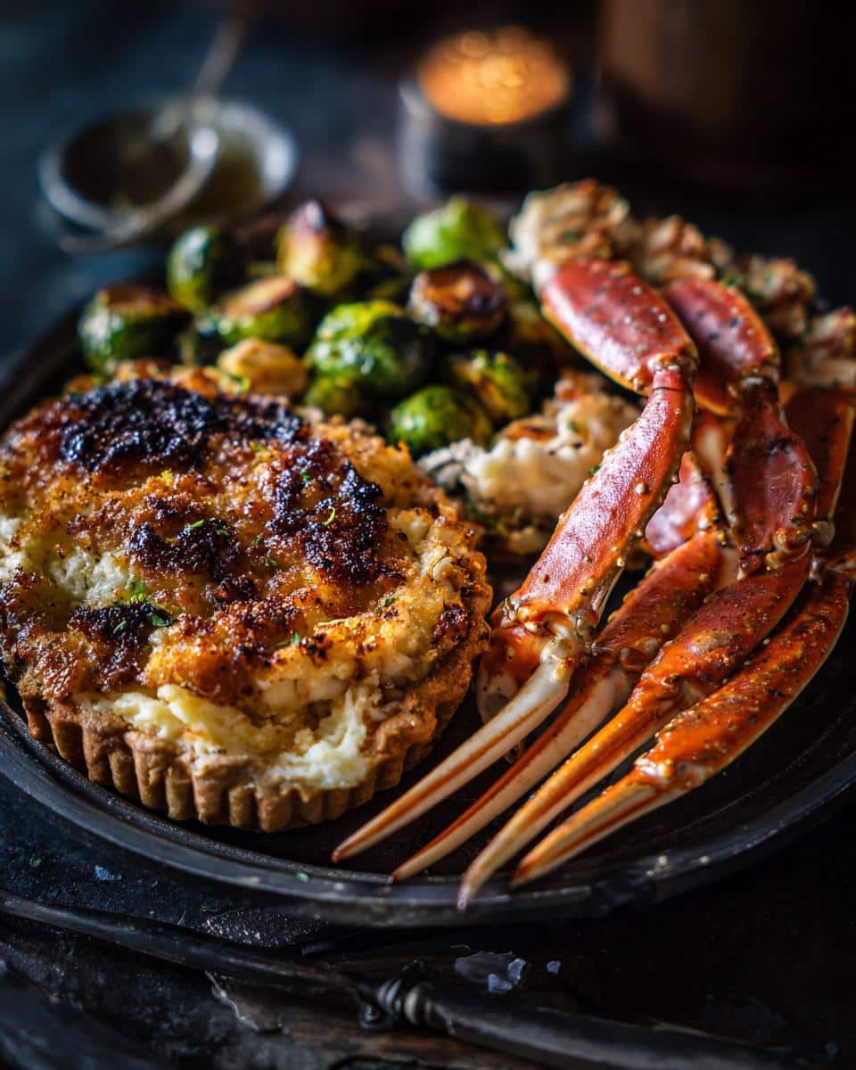 A crab tart with brussels sprouts, presented in a rustic style, inspired by Half Baked Harvest.