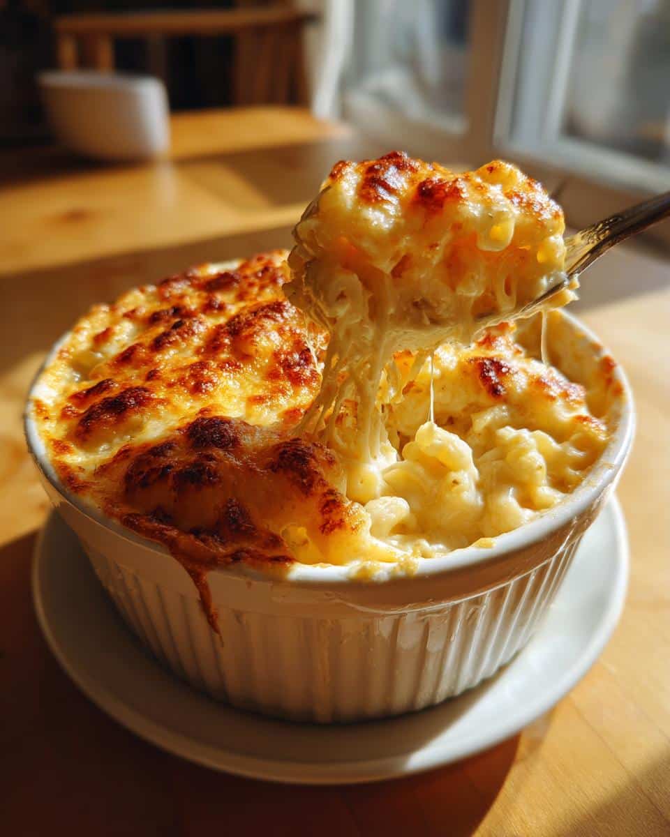 Close-up of Creamy Baked Mac & Cheese with a cheese pull, served in a white ramekin.