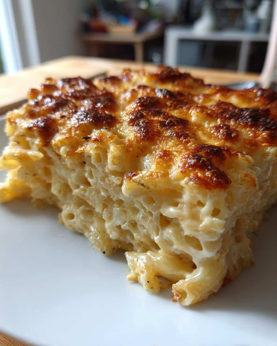 A close-up of a slice of Creamy Baked Mac & Cheese with a golden-brown, bubbly cheese crust.