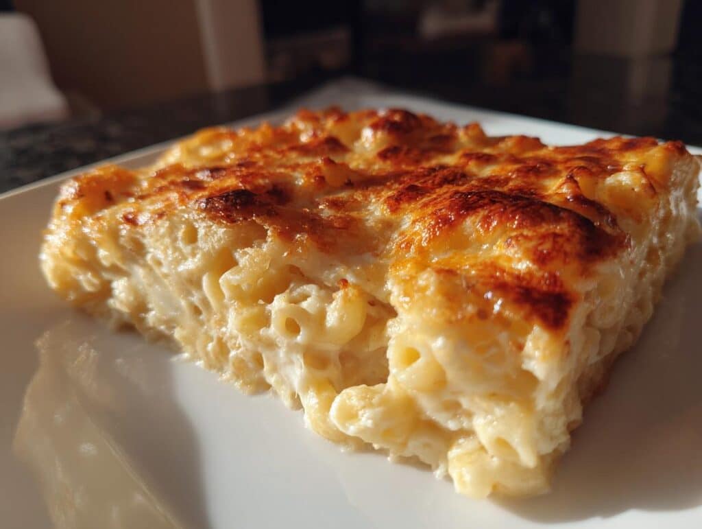 A slice of Creamy Baked Mac & Cheese with a golden-brown top on a white plate.