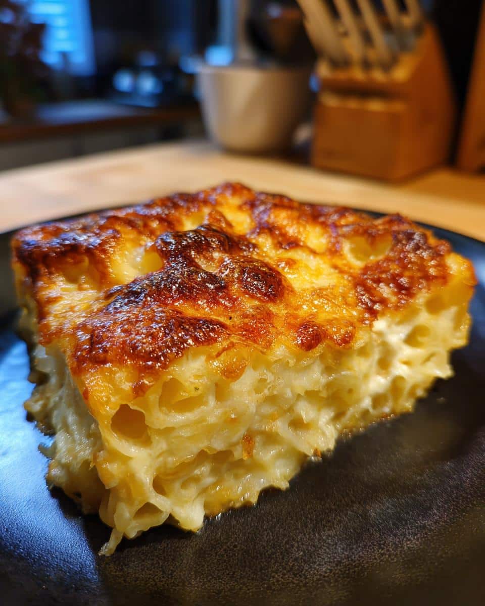 A single slice of Creamy Baked Mac & Cheese with a golden-brown crust on a dark plate.