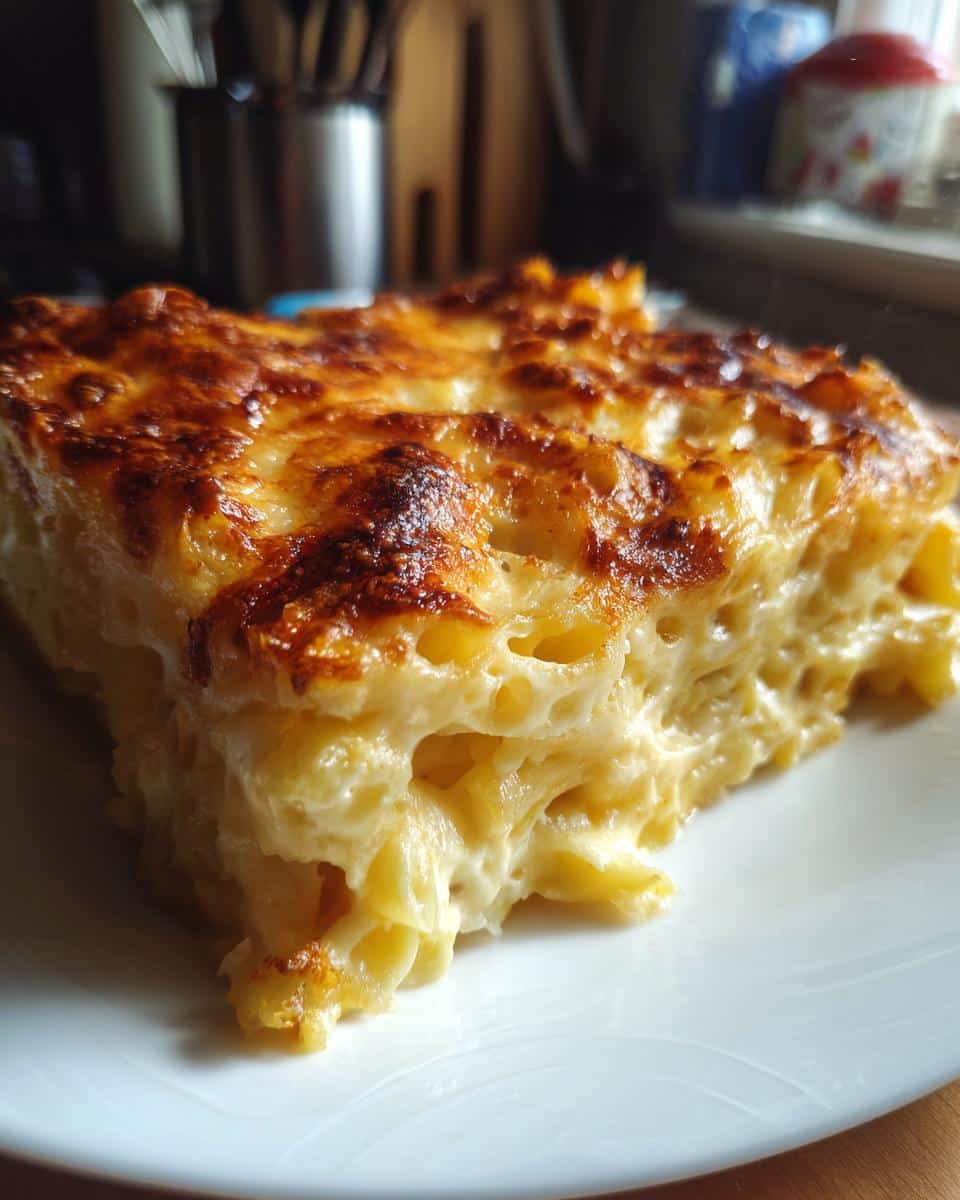 A close-up of a slice of Creamy Baked Mac & Cheese with a golden-brown, bubbly cheese crust.