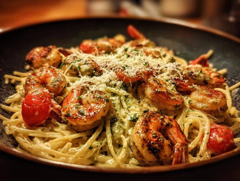 A bowl of creamy Cajun shrimp pasta with grilled shrimp, tomatoes, and a creamy sauce.