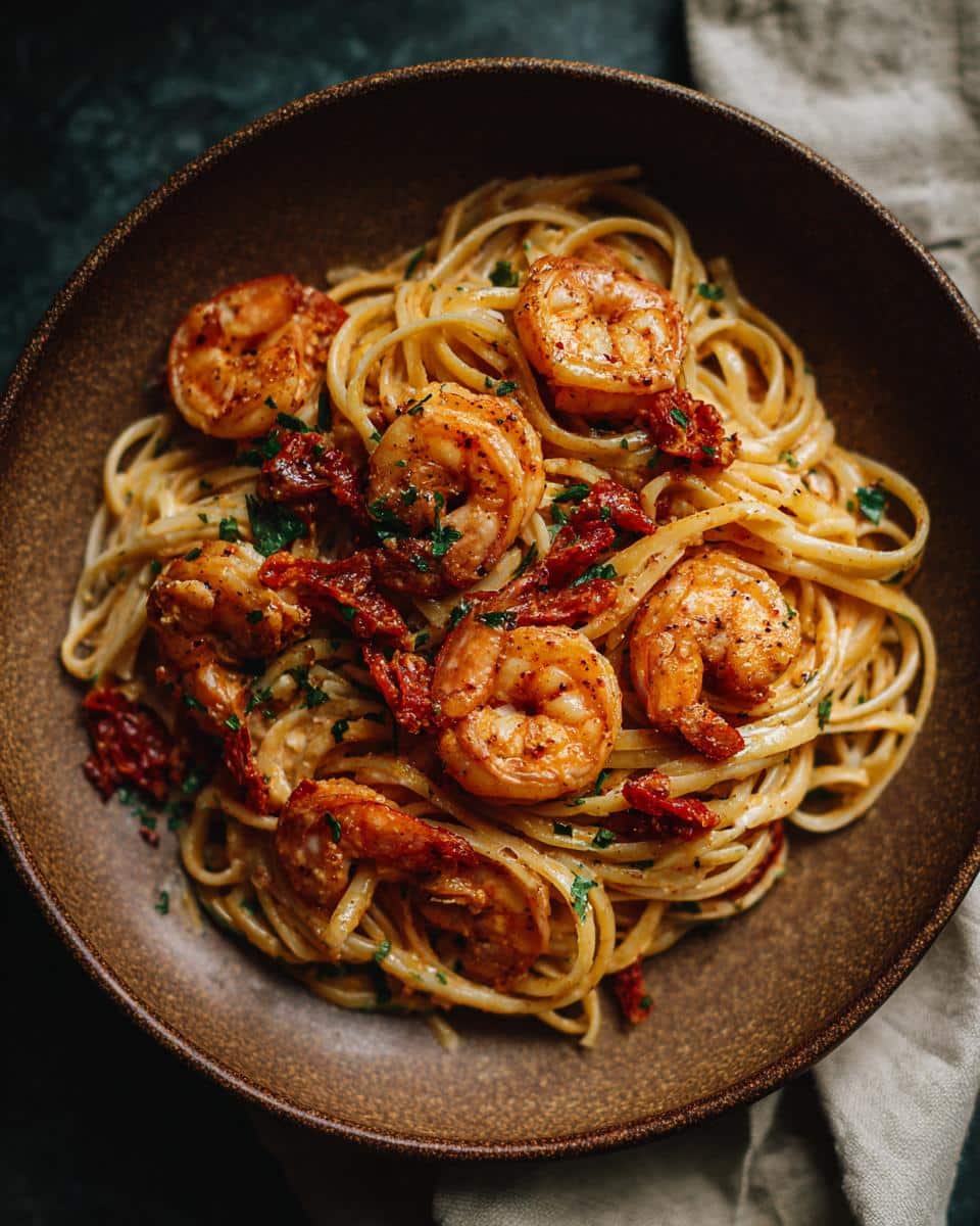 Overhead shot of creamy cajun shrimp pasta in a bowl, garnished with sun-dried tomatoes and herbs.