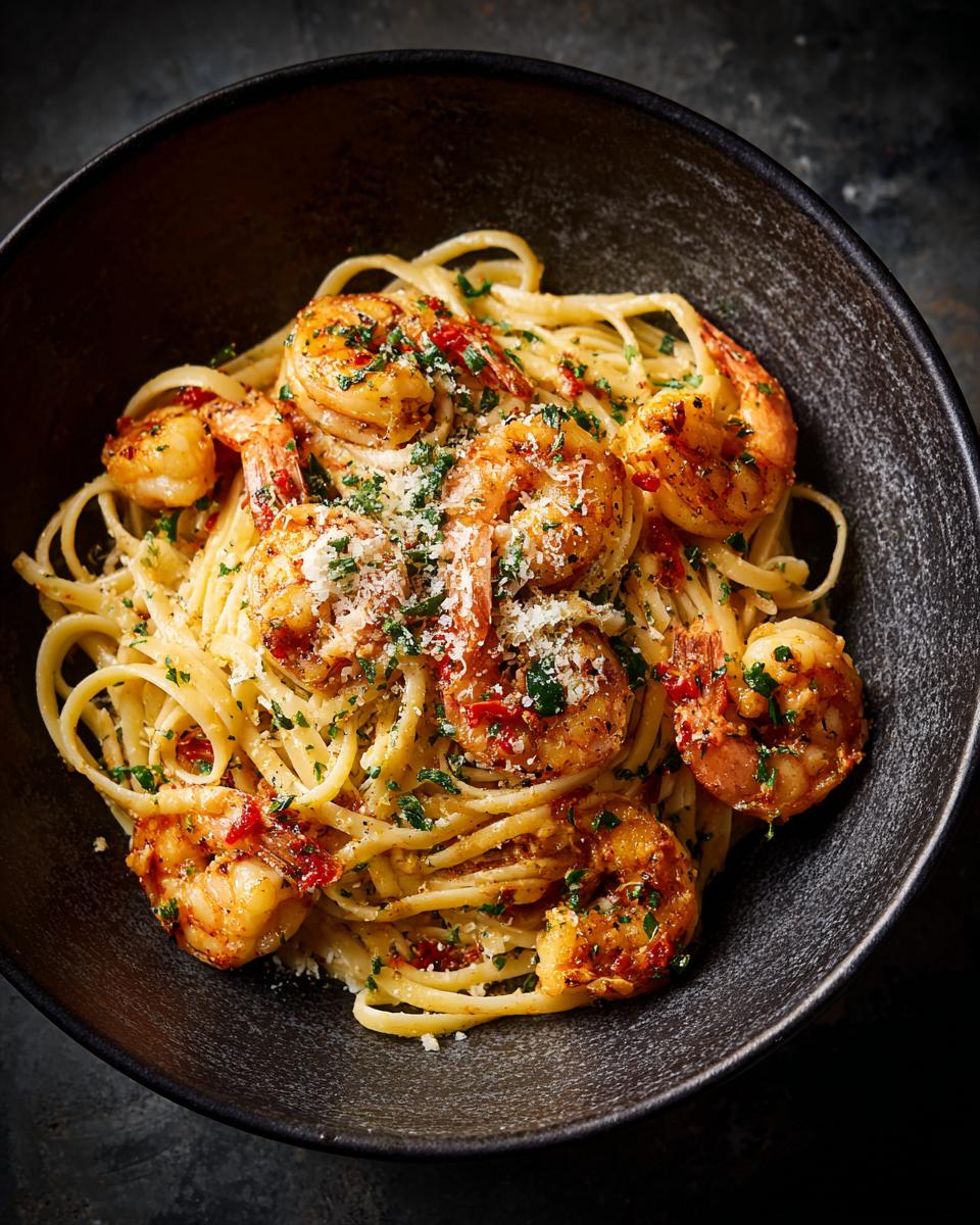 A bowl of creamy cajun shrimp pasta with linguine, cajun-spiced shrimp, herbs, and parmesan cheese.