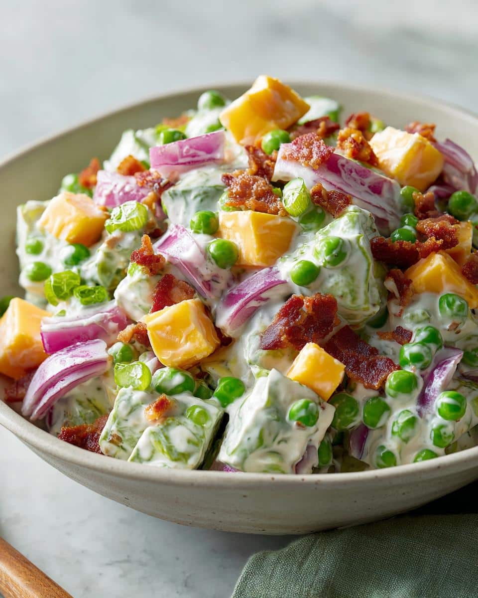 Bowl of creamy pea salad recipes with peas, cheese cubes, red onion, bacon bits, and creamy dressing.
