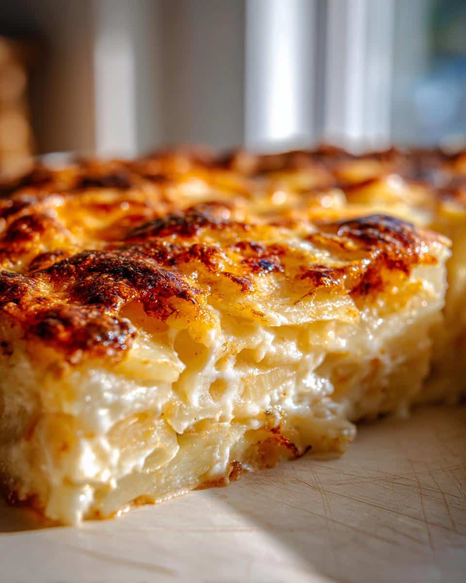 Close-up of creamy scalloped potatoes with a golden-brown top, showing layers of sliced potatoes and creamy sauce.