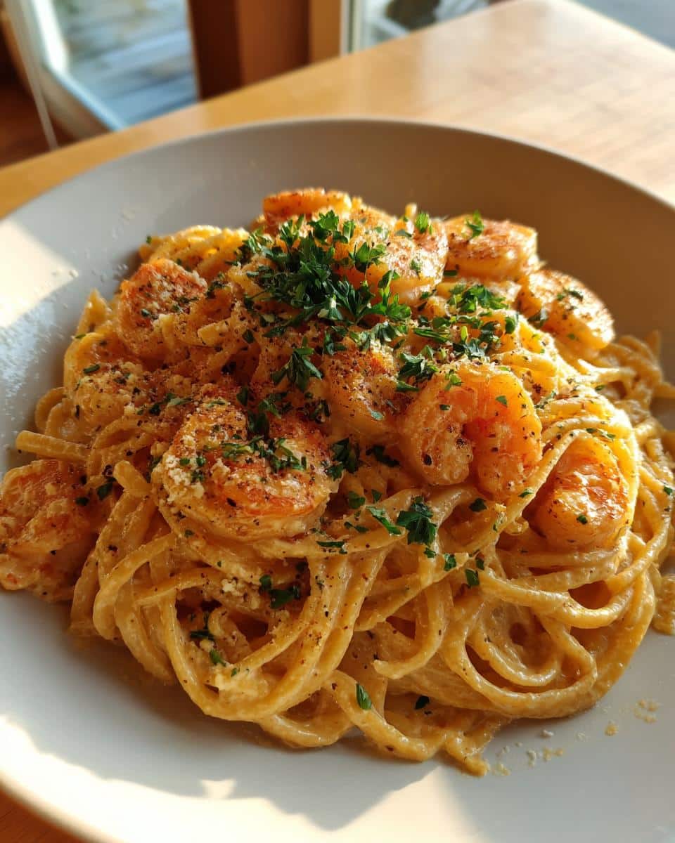 Overhead shot of creamy shrimp pasta in a bowl, garnished with parsley and spices.