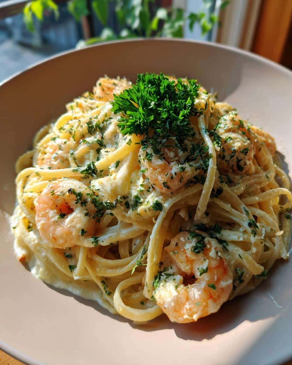 Close-up of creamy shrimp pasta in a bowl, garnished with fresh parsley. Ready to eat creamy shrimp pasta.