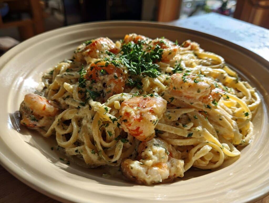 A plate of creamy shrimp pasta, garnished with fresh parsley. Delicious and ready to eat.