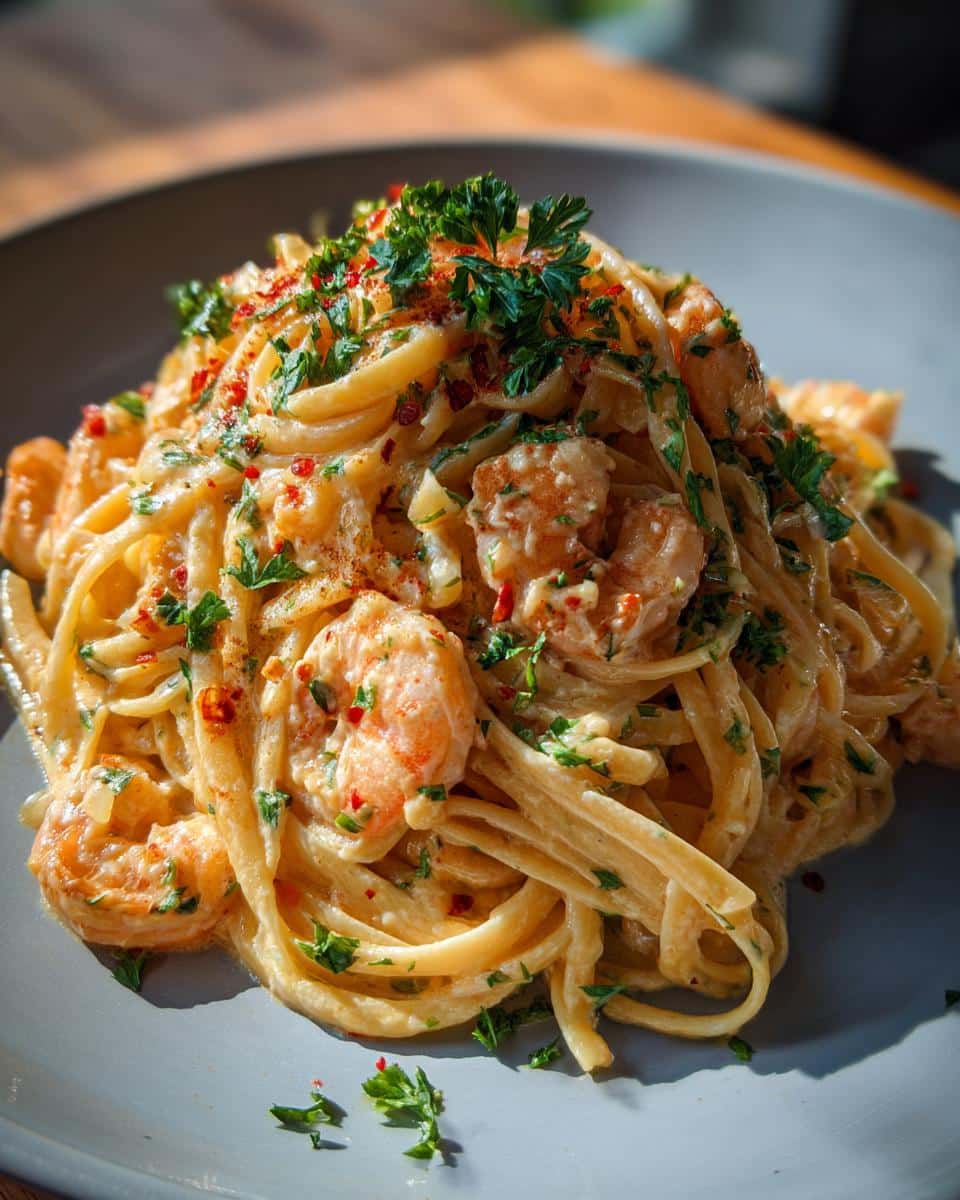 A plate of creamy shrimp pasta, garnished with parsley and red pepper flakes, ready to eat.
