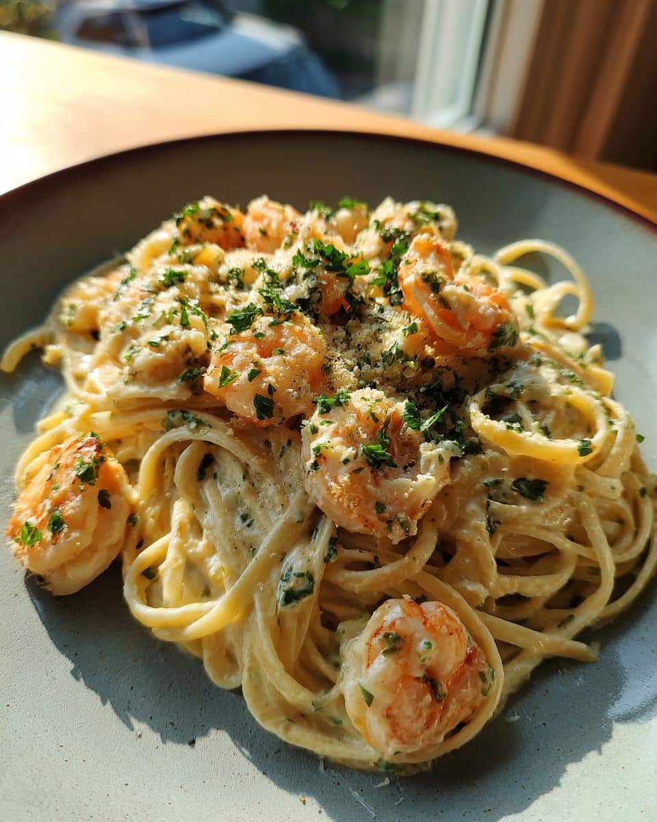 A plate of creamy shrimp pasta, garnished with fresh herbs and parmesan cheese. Ready to eat!