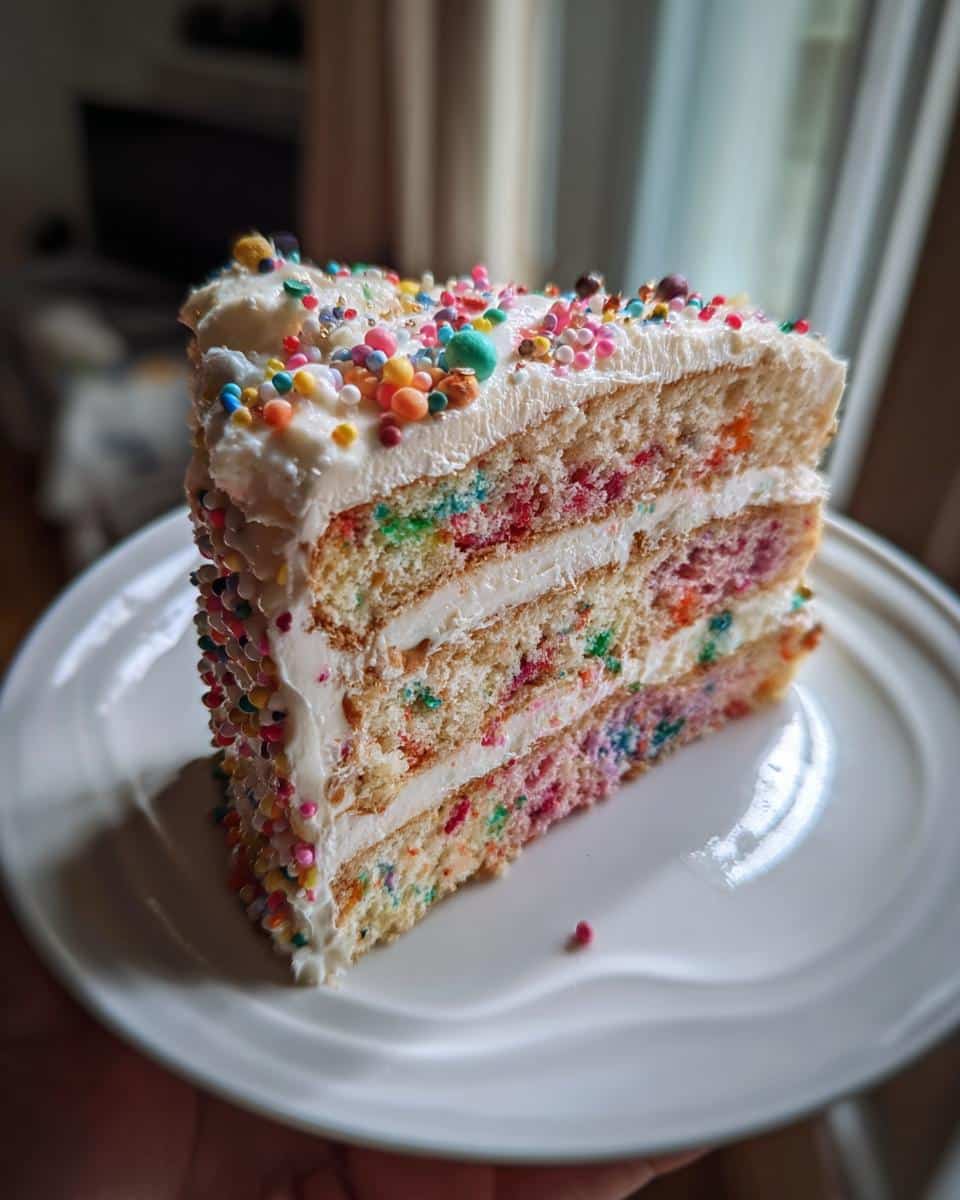 A slice of creative birthday cake with colorful sprinkles and white frosting layers on a white plate.