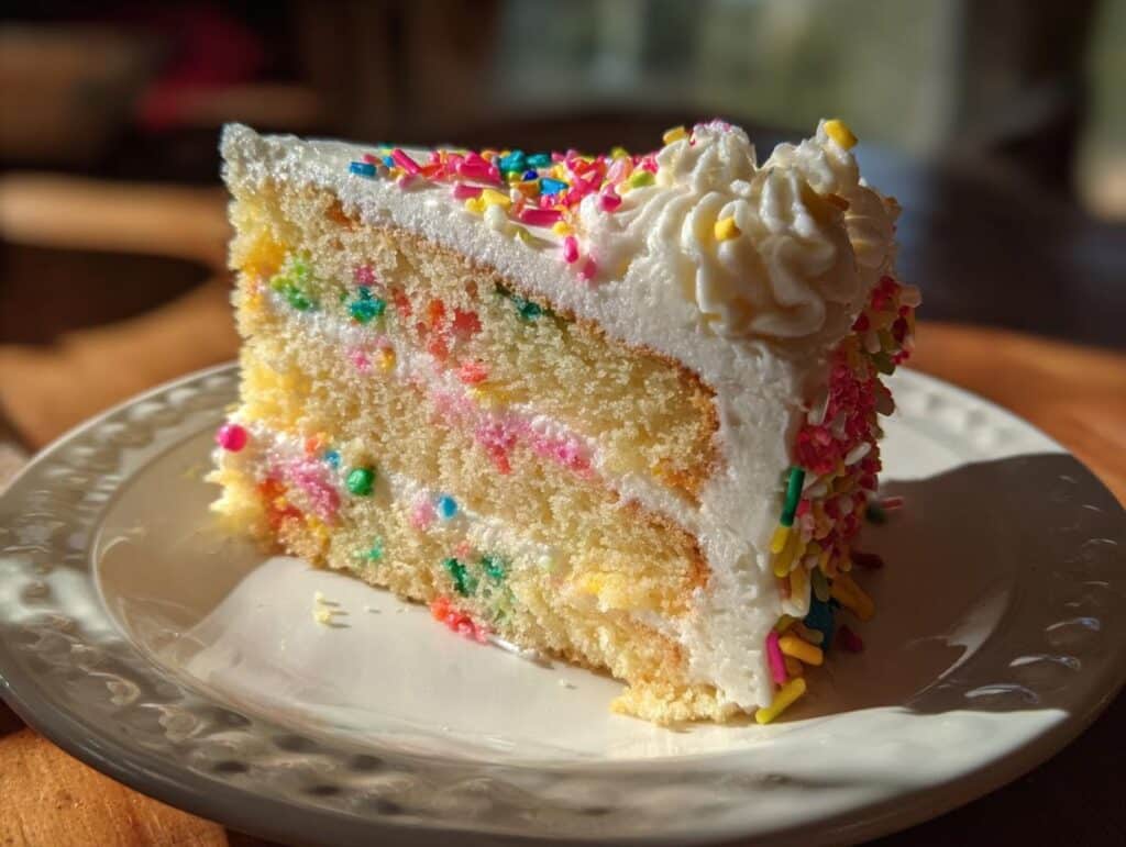 A slice of creative birthday cake with white frosting and colorful sprinkles on a white plate.