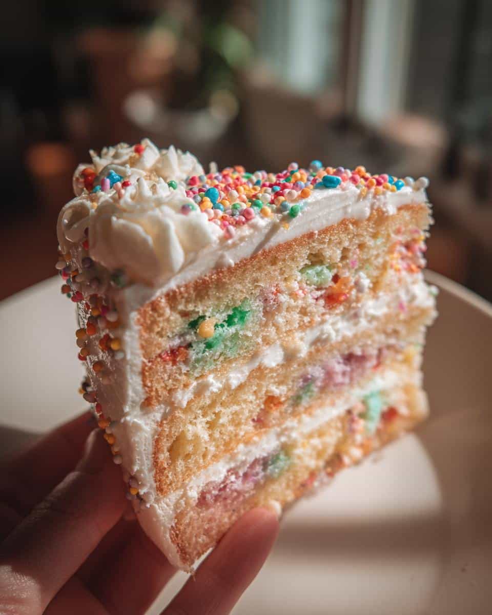 A slice of creative birthday cake with white frosting and colorful sprinkles, held in a hand.
