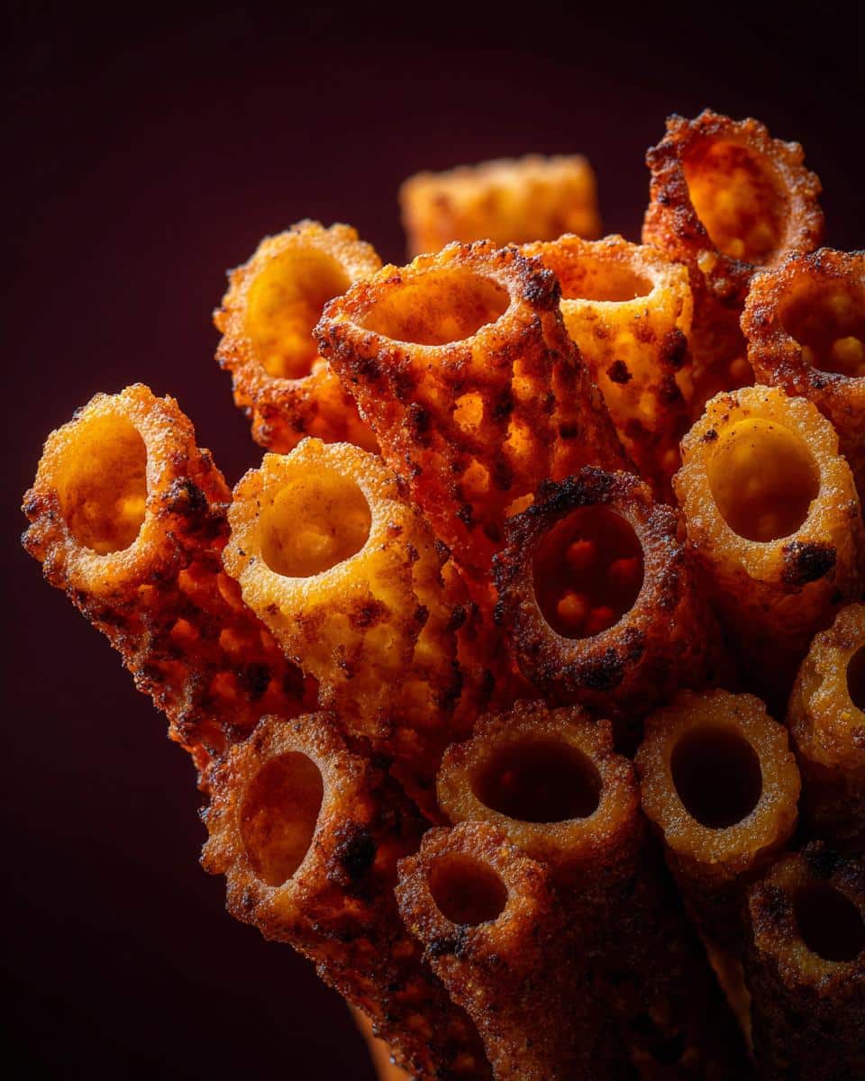 Close-up of crispy baked Ditalini Pasta. The pasta tubes are golden brown and slightly charred.