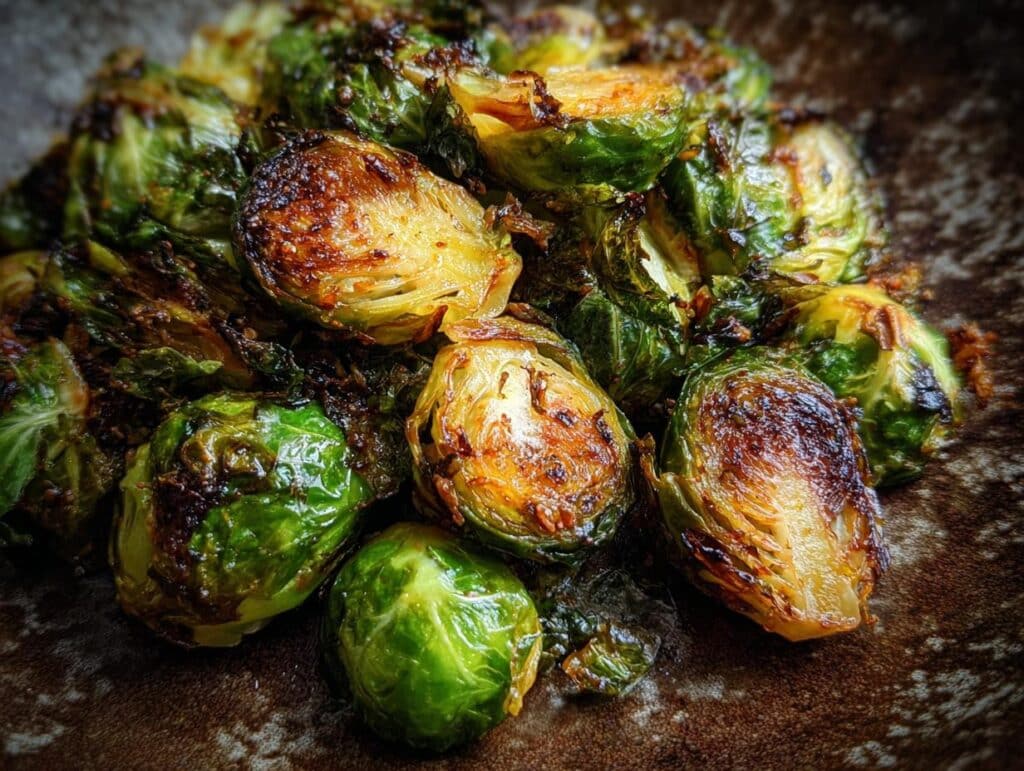Close-up of cooked Crispy Brussels Sprouts on a plate, showcasing their golden-brown color and texture.