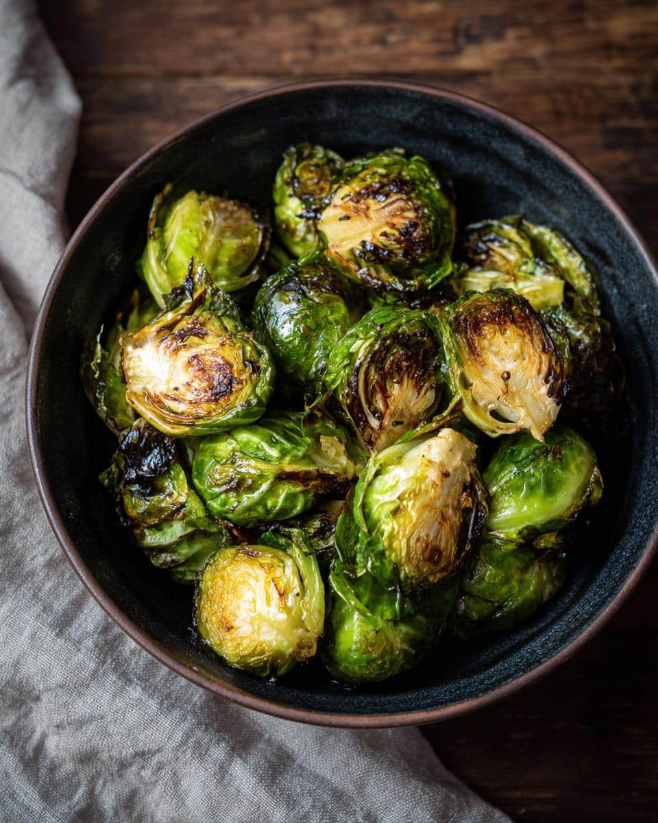 Overhead shot of a bowl filled with perfectly roasted Crispy Brussels Sprouts on a rustic wooden table.
